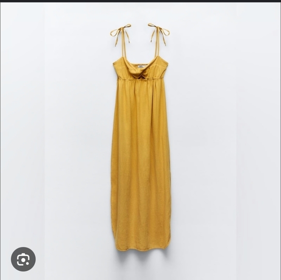 Zara Dresses & Skirts - Zara Strappy Linen Blend Mustard Yellow Midi Dress Size XS